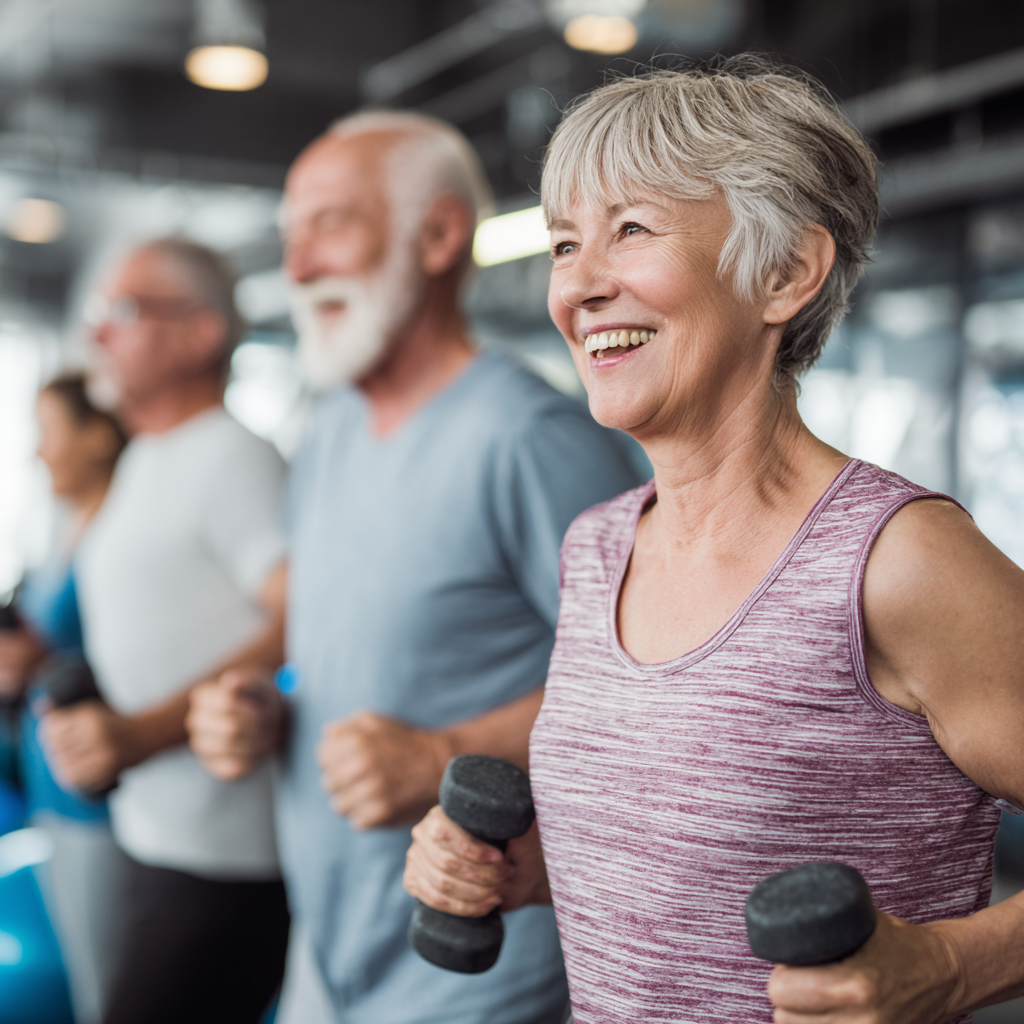 Diverse group of middle-aged and senior adults exercising together in wellness center